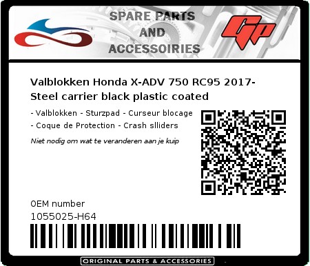Product image: GSG-Mototechnik - 1055025-H64 - Crash protectors Honda X-ADV 750 RC95 2017- Steel carrier black plastic coated  0