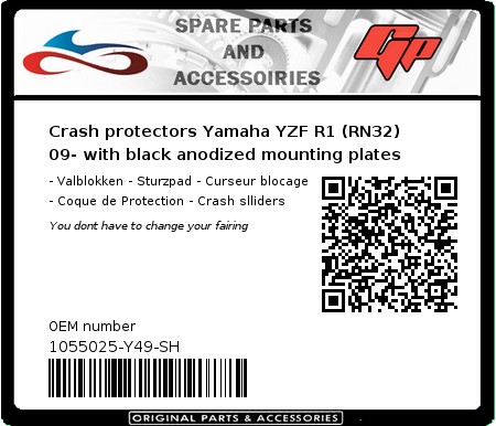 Product image: GSG-Mototechnik - 1055025-Y49-SH - Crash protectors Yamaha YZF R1 (RN32) 09- with black anodized mounting plates  0