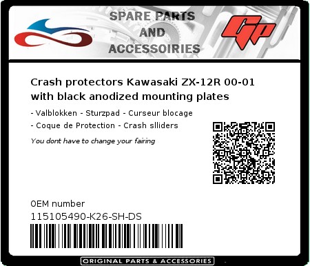 Product image: GSG-Mototechnik - 115105490-K26-SH-DS - Crash protectors Kawasaki ZX-12R 00-01 with black anodized mounting plates  0