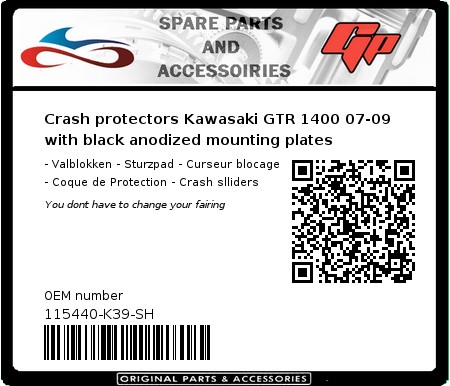 Product image: GSG-Mototechnik - 115440-K39-SH - Crash protectors Kawasaki GTR 1400 07-09 with black anodized mounting plates  0