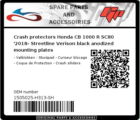 Product image: GSG-Mototechnik - 1505025-H313-SH - Crash protectors Honda CB 1000 R SC80 '2018- Streetline Verison black anodized mounting plates  0