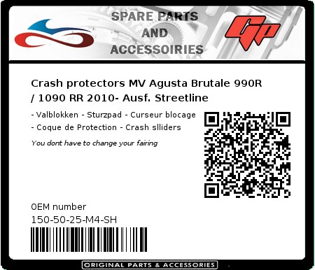 Product image: GSG-Mototechnik - 150-50-25-M4-SH - Crash protectors MV Agusta Brutale 990R / 1090 RR 2010- Ausf. Streetline  0