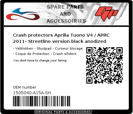 Product image: GSG-Mototechnik - 1505040-A15A-SH - Crash protectors Aprilia Tuono V4 / APRC 2011- Streetline version black anodized  0